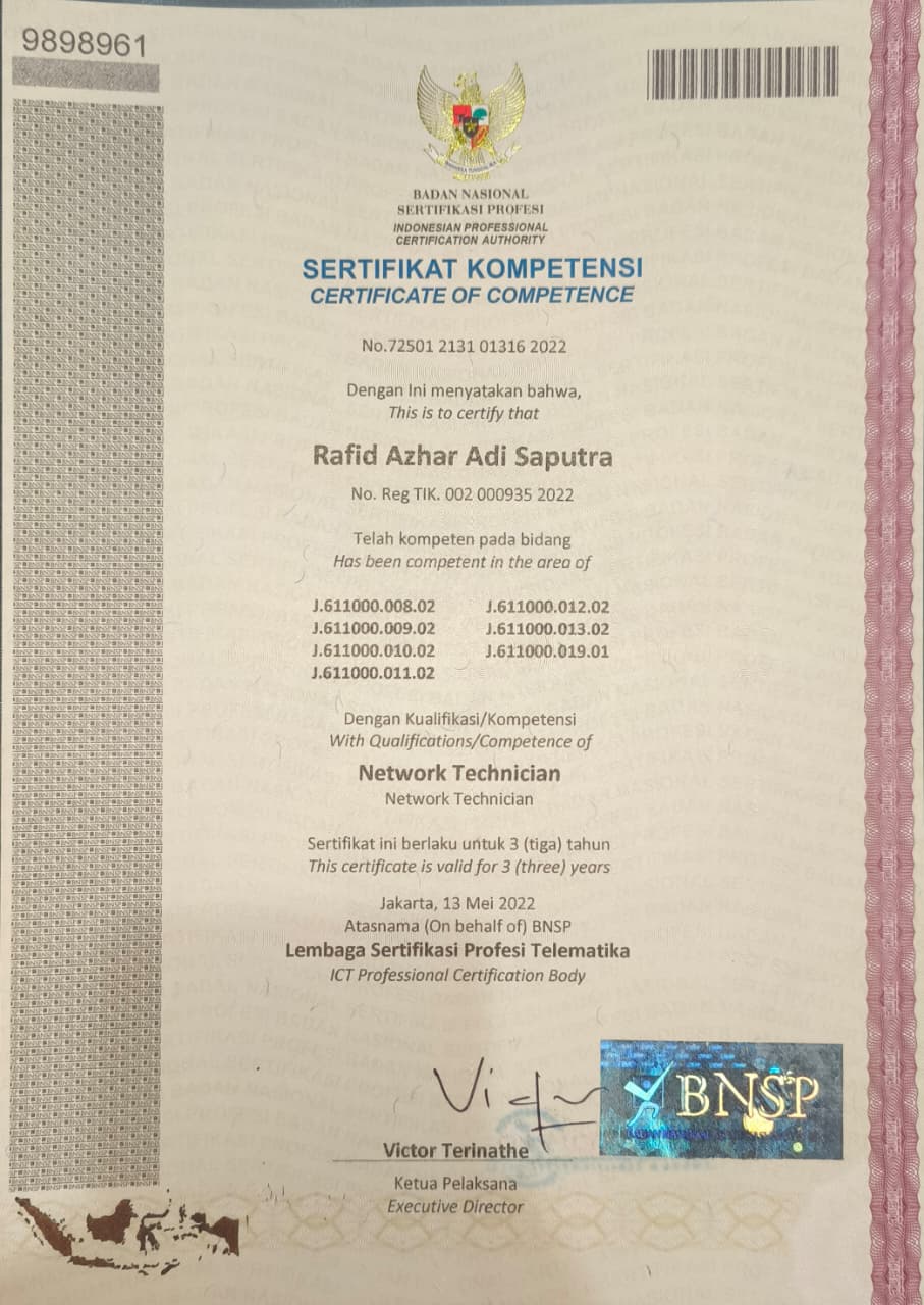 BNSP Network Technician certificate issued by Badan Nasional Sertifikasi Profesi