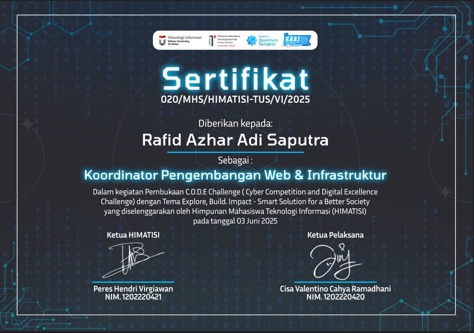 Certificate for Coordinator, Web Dev & Infrastructure at HIMATISI, CODE Challenge 2025
