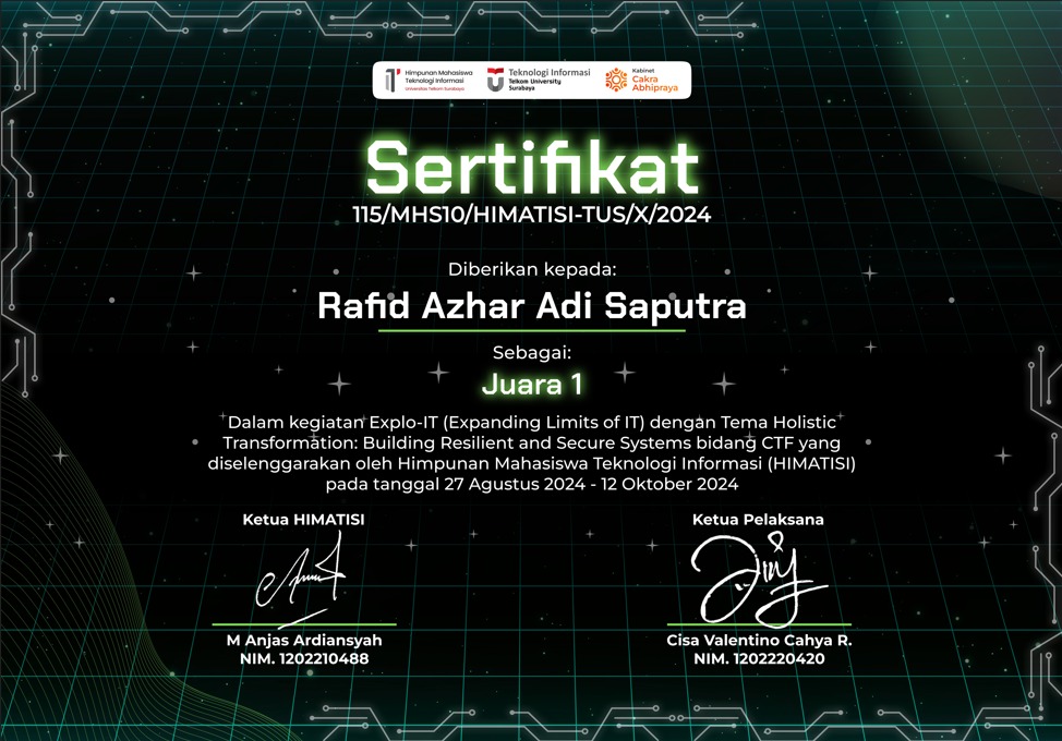 1st Place, CTF Competition certificate issued by Capture The Flag, HIMATISI