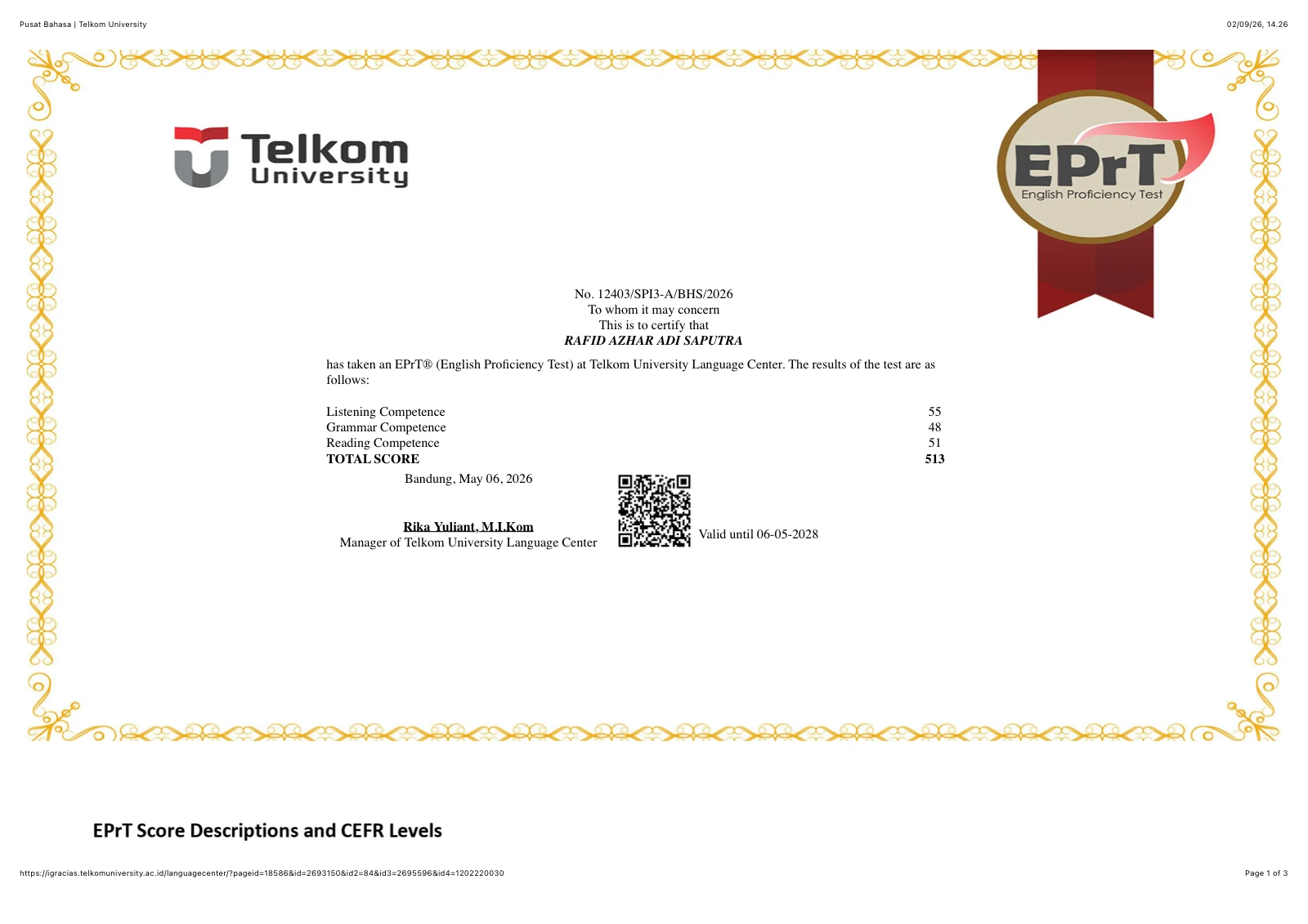 EPrT, Score 513 certificate issued by English Proficiency Test, Telkom University Language Center