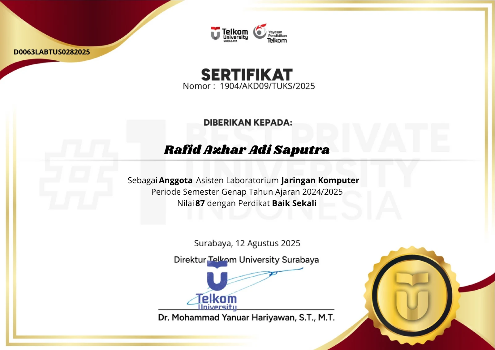 Laboratory Assistant, Computer Networks Labs certificate issued by Telkom University Surabaya
