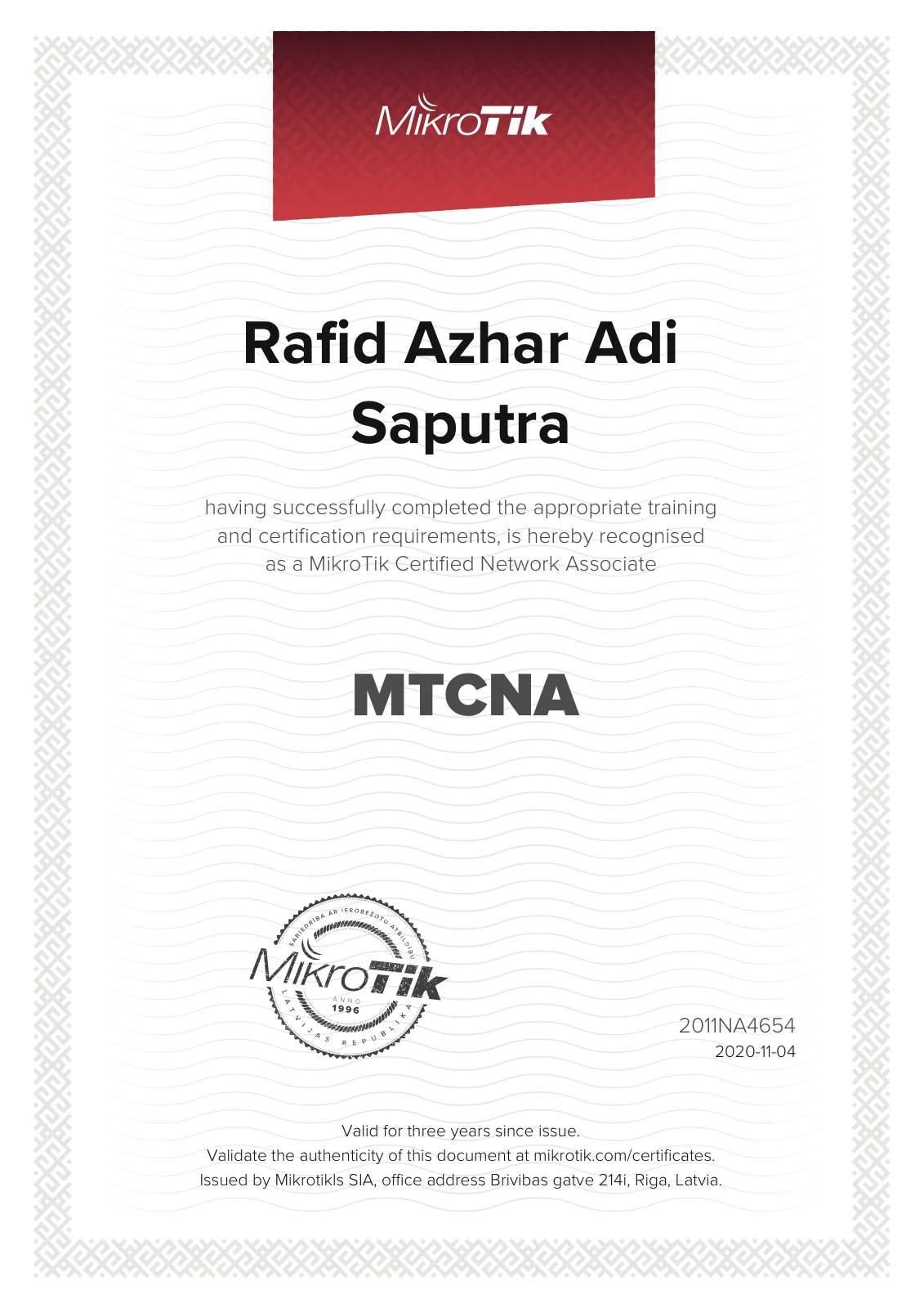 MTCNA certificate issued by MikroTik Certified Network Associate