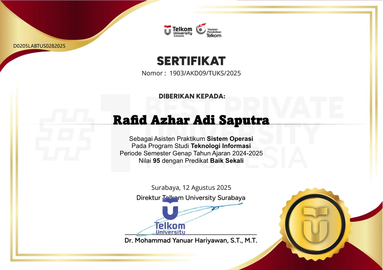 Practicum Assistant, Operating Systems certificate issued by Telkom University Surabaya